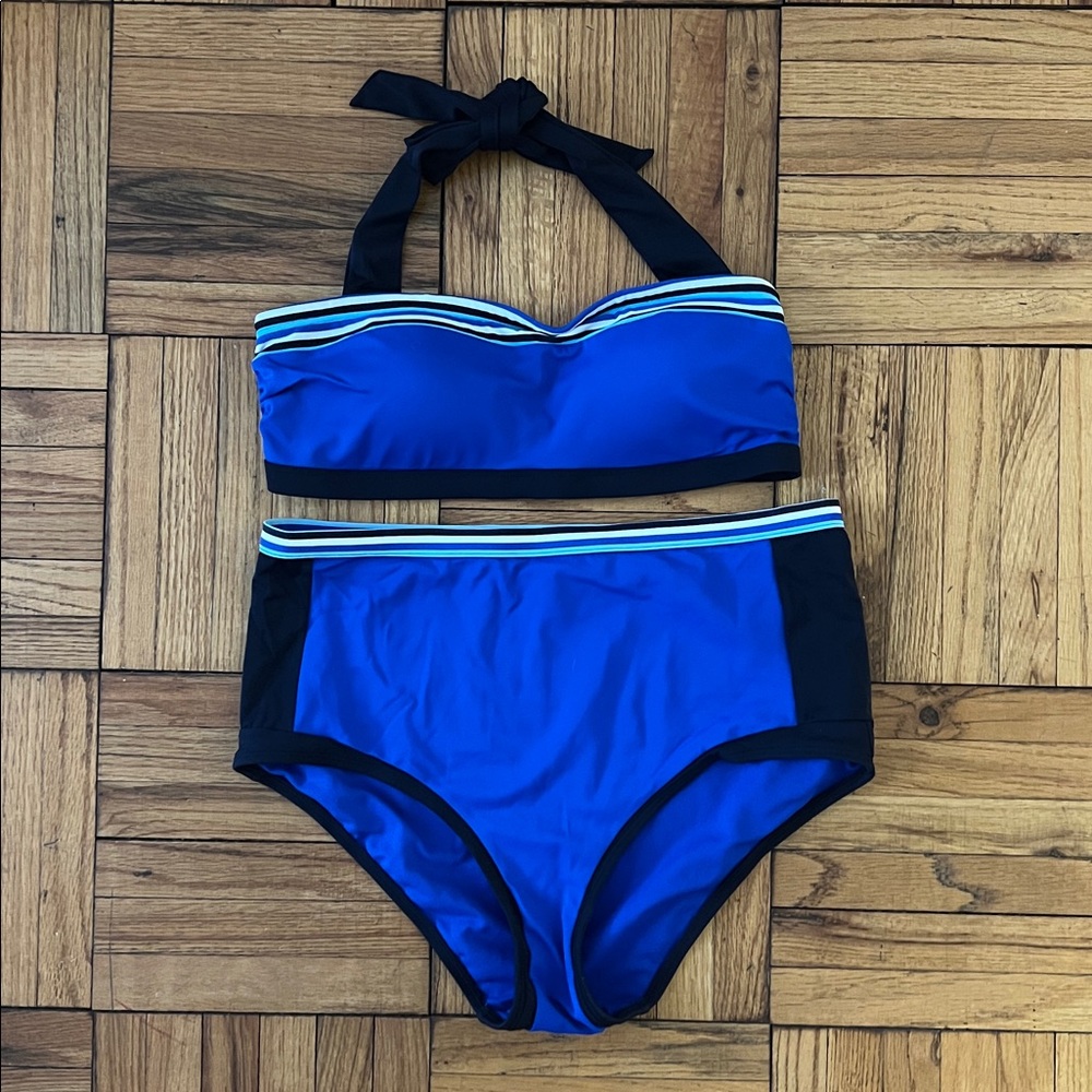 Boden High-Waisted Bikini "Santorini" Blue Colorblock Halter Bandeau - Sz 10/12